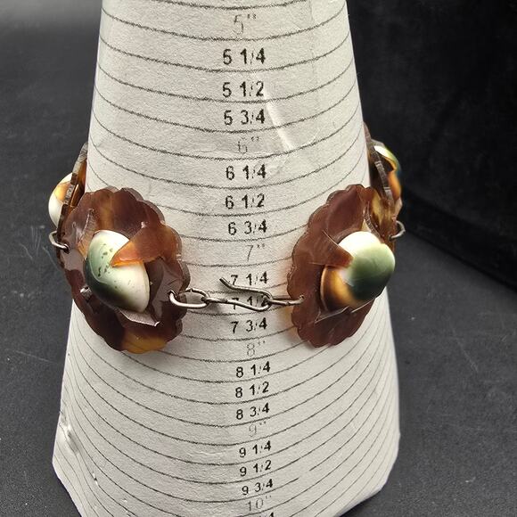 Vintage Operculum Cat Eye Shell Jewelry Set Necklace Bracelet Brown Green - Picture 9 of 12